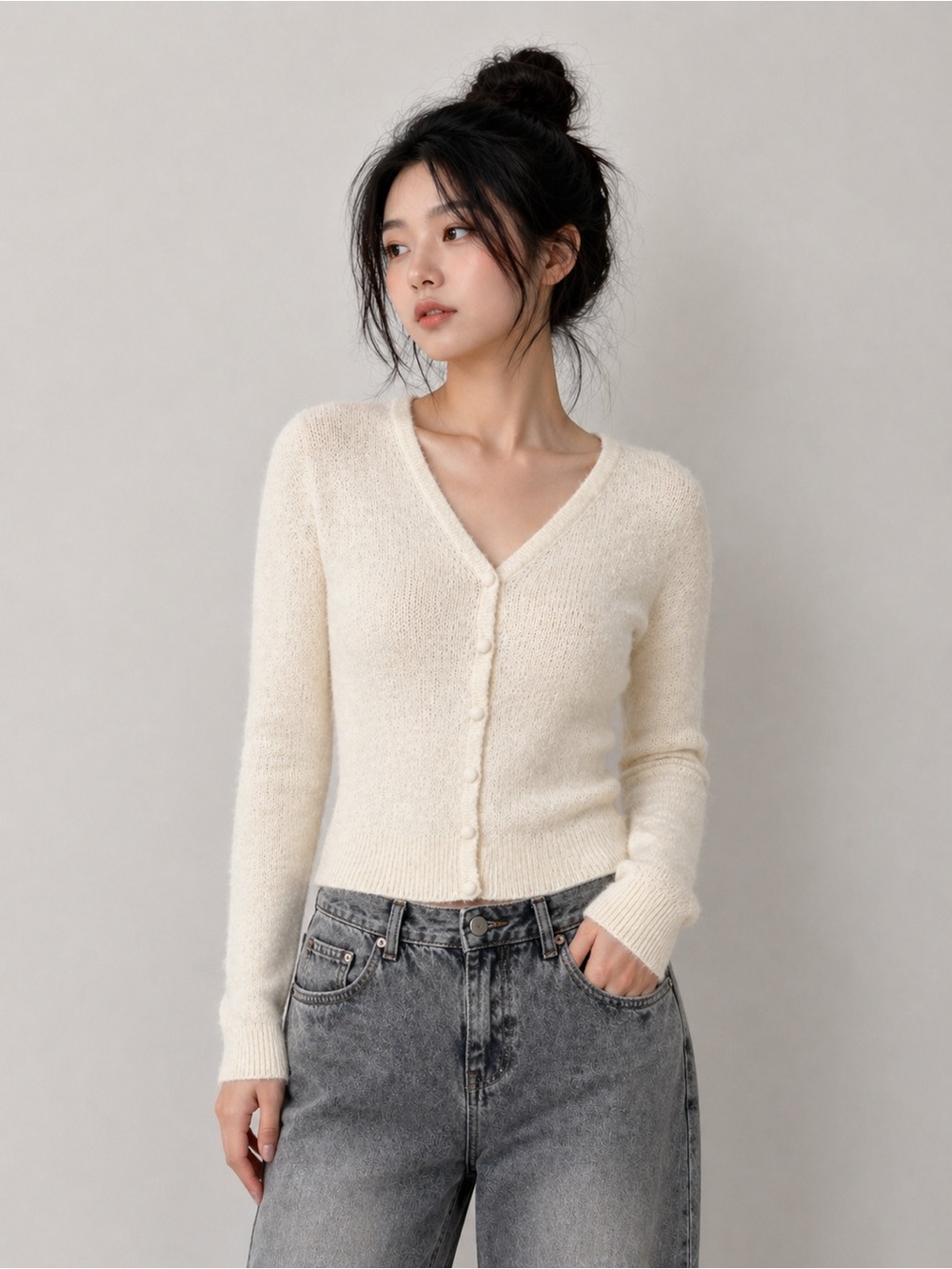 wild fable Cream V-Neck Button-Front Women's Sweater